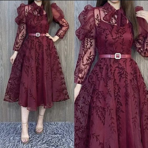 Burgundy A line tulle lace prom dress tulle party dress fg2906