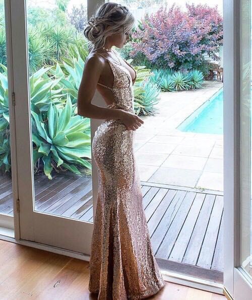 Champagne Sequins V Neck Backless Prom Dress fg3115