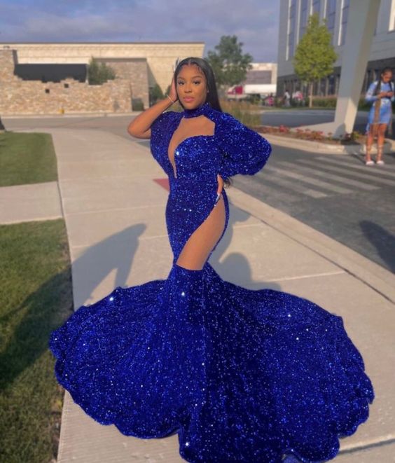Blue Sequins Prom Gown,Floor length,Prom dress,wedding reception gown fg3096