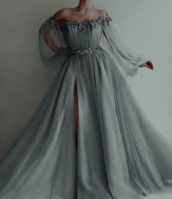 Gray Evening Dress, Off The Shoulder Prom Vintage Dress fg2958