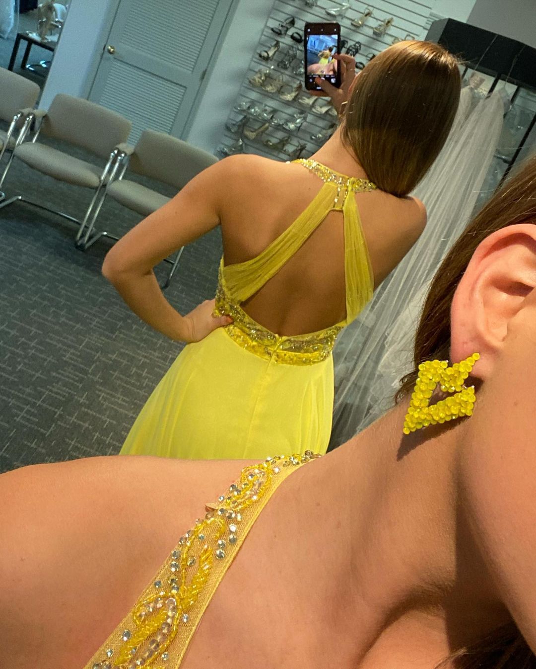 Cute A Line V Neck Straps Yellow Chiffon Prom Dresses with Beading, Split Party Dresses fg3125