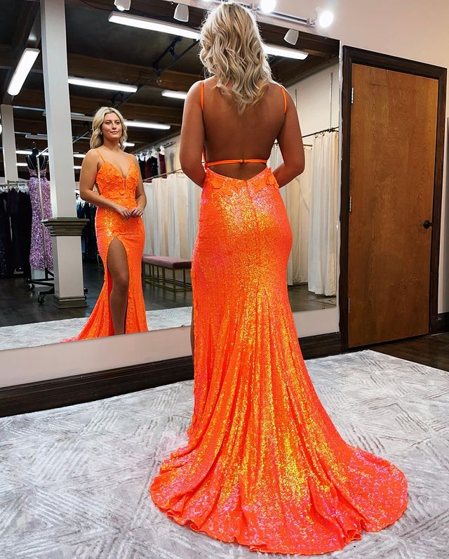 Fashion Mermaid V Neck Orange Sequins Long Prom Dresses with Slit fg1259