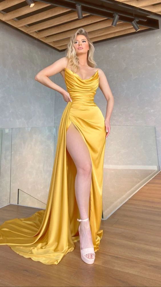 Yellow Sexy V-Neck Long Formal Prom Dress fg1919