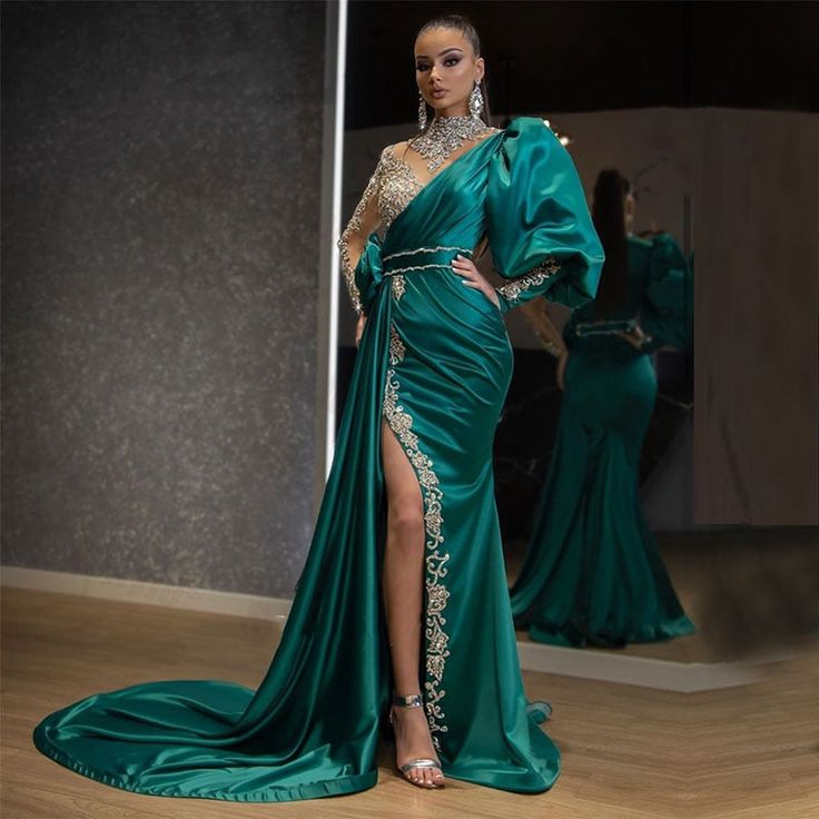 Green Beaded Long Prom Dress fg1865