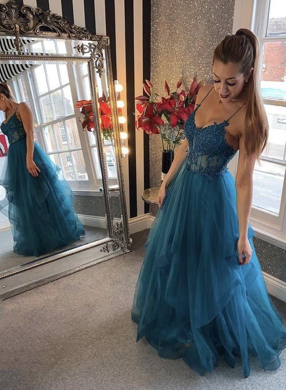Blue tulle lace long prom dress evening dress fg1687