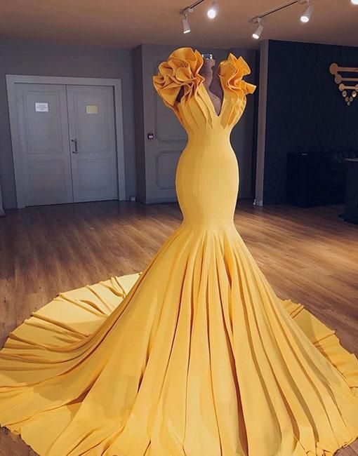 yellow v neck long prom gown,mermaid evening dress fg2290