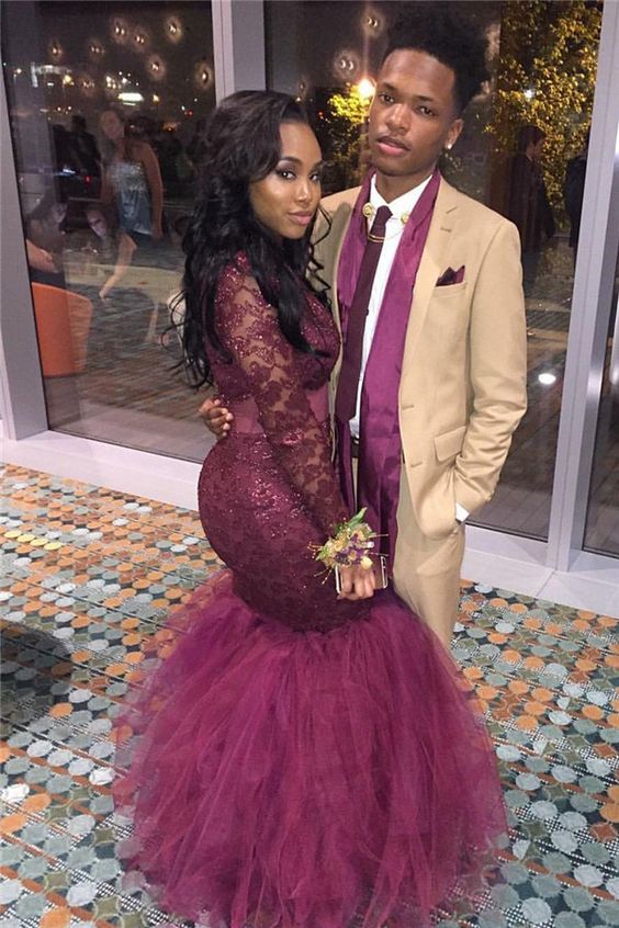 Tulle Mermaid Lace-Appliques Long-Sleeve Prom Dress | Plus Size Prom Dress fg2299