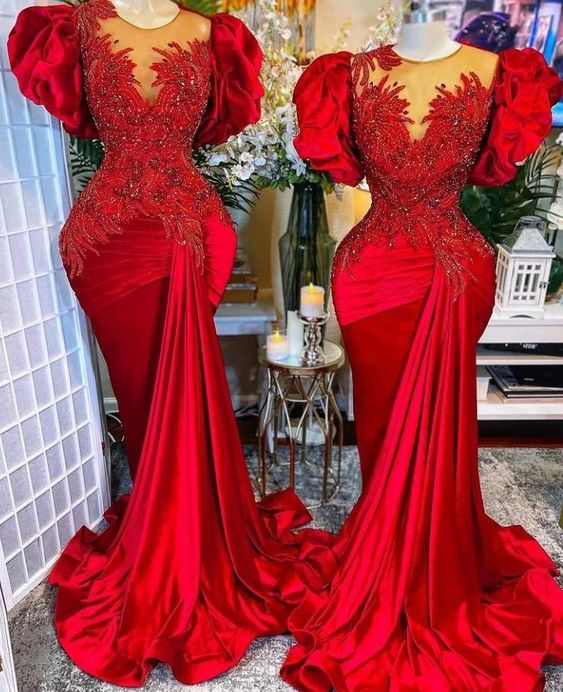 Mermaid Beaded Formal Evening Red Prom Dress fg1852