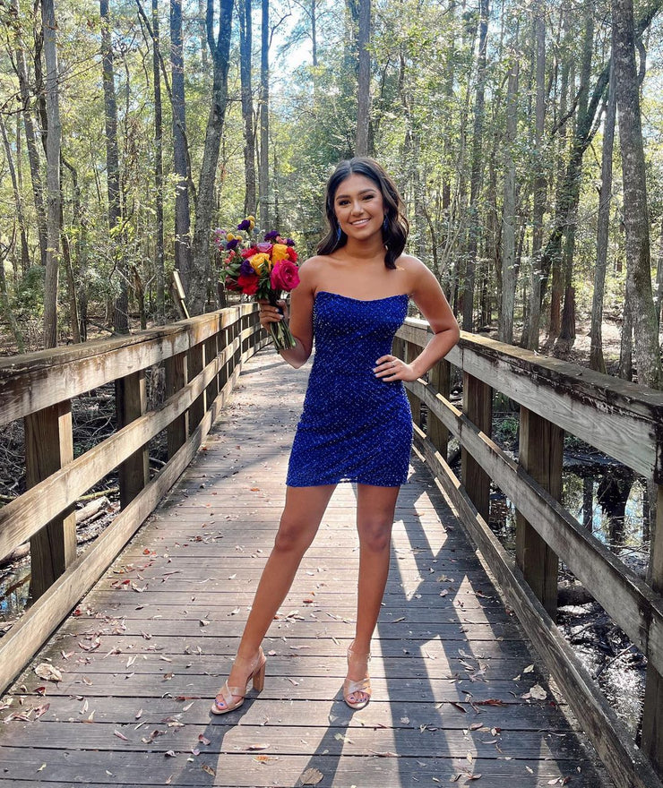 Cute Spakrly Strapless Blue Sequins Short Homecoming Dresses fg2421