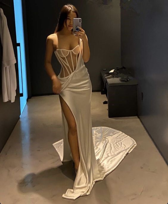 White One Shoulder Long Prom Dress With High Split Sexy Evening Dress fg1805