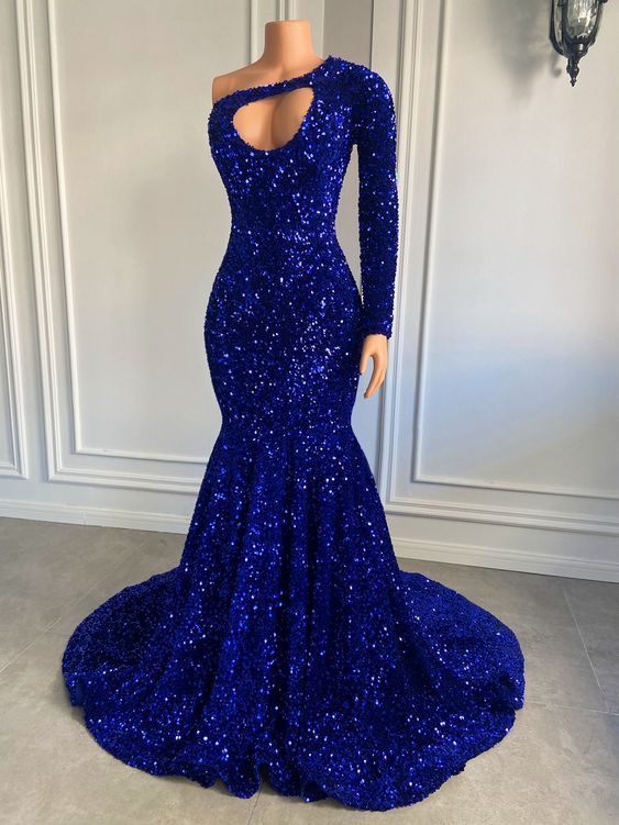 Long Sparkly Prom Dress 2023 One Shoulder Royal Blue Sequin Mermaid Style Black Girls Prom Party Gowns fg2244