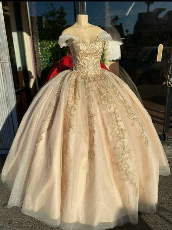 Off Shoulder Champagne Quinceañera Dress Party Ball Gown fg2474