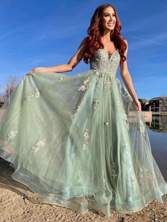 Green tulle lace long prom dress, green tulle lace formal dress fg1857