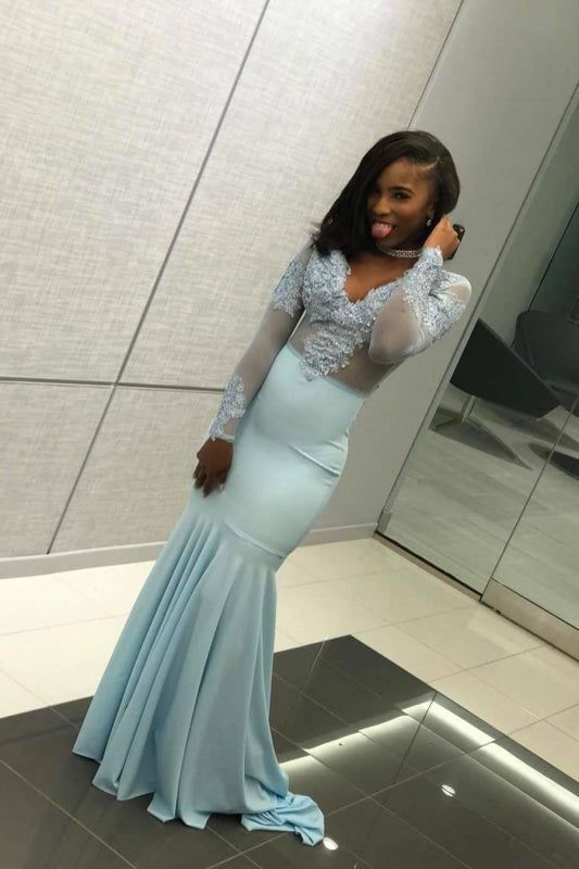 mermaid v neck long sleeves lace floor-length plus size prom dresses fg2284