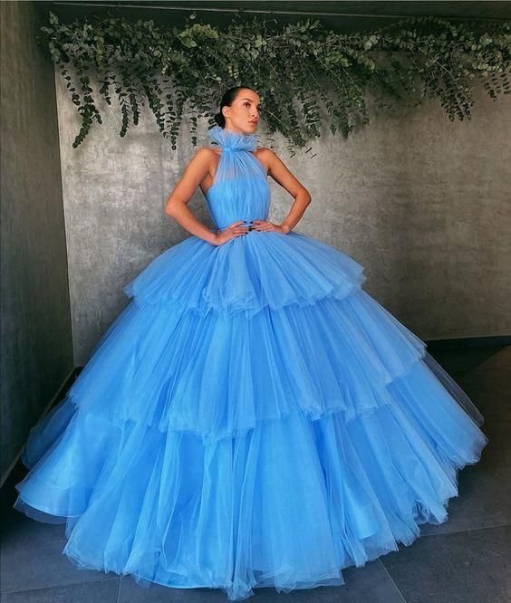 Princess Blue Prom Ball Gown Dresses with Layers Tulle Skirt fg1231