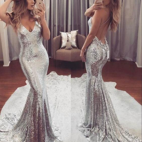 Sparkly Silver V Neck Sleeveless Sequin Mermaid Dress With Train fg1786