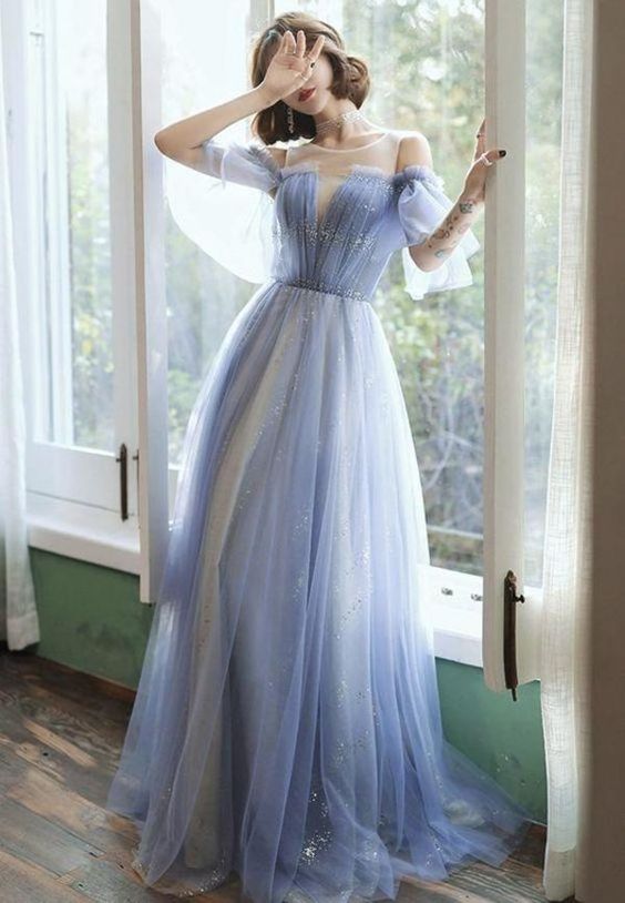 Blue tulle long prom dress blue evening dress fg1209