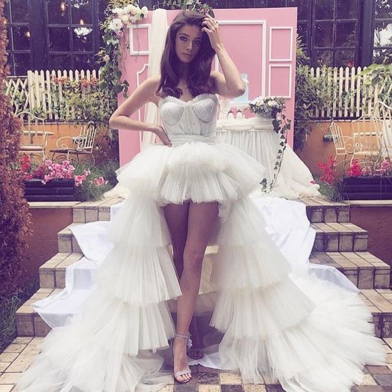 fashion high low tulle skirt - tiered ruffled mesh prom wedding skirt fg1401