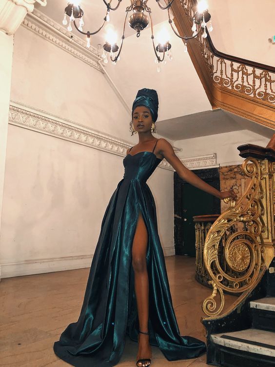 A-Line Split Long Prom Dresses Dark Green Satin Formal Dress fg1790