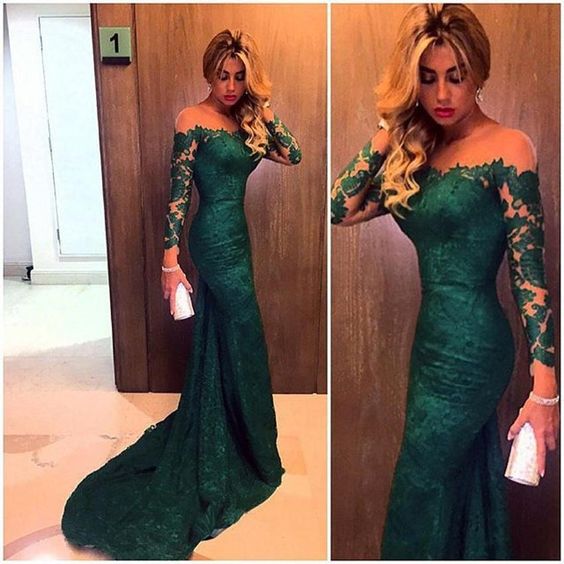 Evening Gowns Long Sleeves Off The Shoulder Lace Elegant Mermaid Prom Dresses fg1791