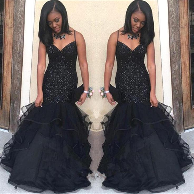 Black Sweetheart Long Tulle Mermaid Spaghetti Straps Mermaid African Prom Dresses fg1637
