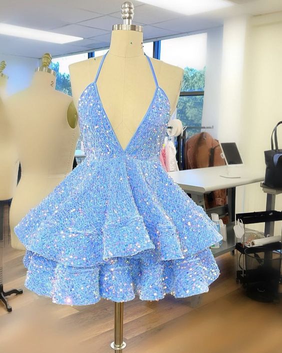 Blue Sequin Short Party Dress Homecoming Dress fg2385