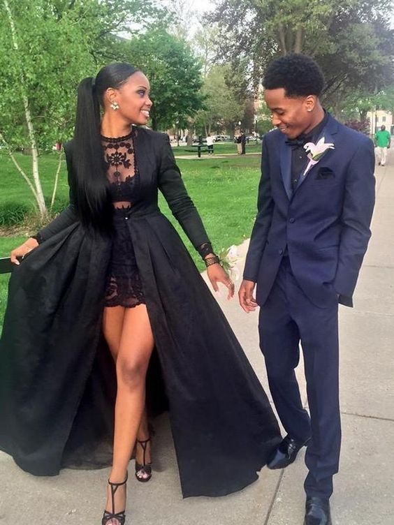 A-Line Long Sleeves Jewel Floor-Length Lace Satin Dresses fg1615