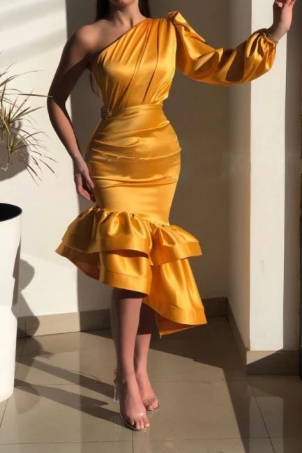 Yellow Gorgeous One Shoulder Mermaid Prom Dresses with Ruffle fg1938