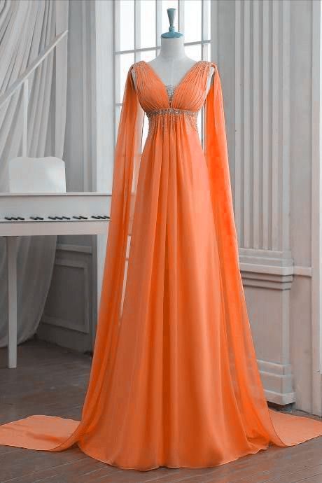 Orange V-Neck Sleeveless Chiffon Empire Waist Long Prom Dress, Evening Dress fg1553