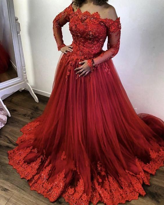 red tulle princess prom dresses off the shoulder fg2499