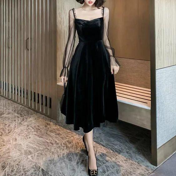 Black formal dress vintage velvet evening dress long sleeve party dress fg1803