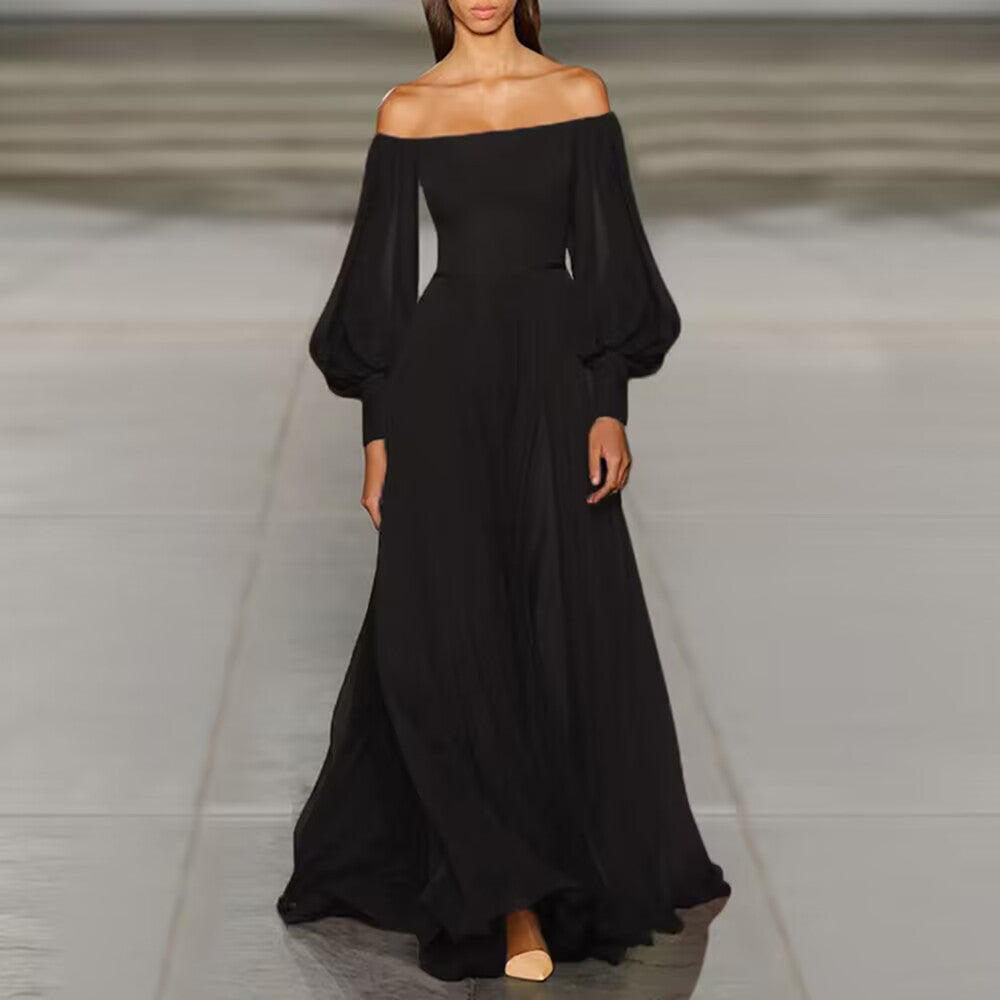 Elegant Sexy Strapless Tube Top Solid Color Lantern Sleeve Chiffon Dress fg2860