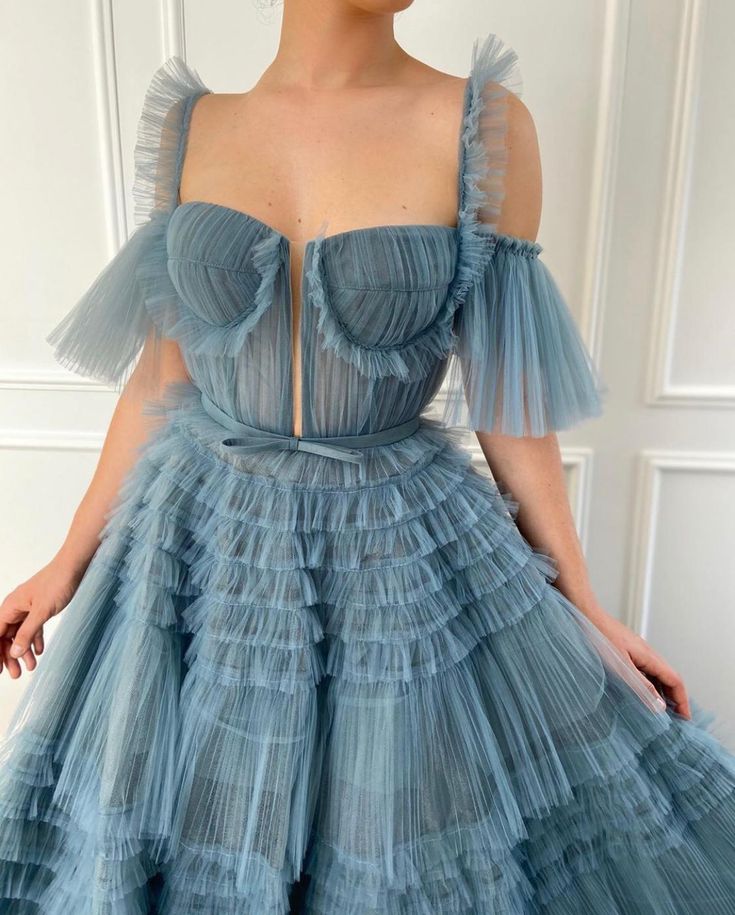 Dusty Blue Tulle Ruffled Gown, Long Tulle Prom Dress, Tiered Skirt Dress fg3271