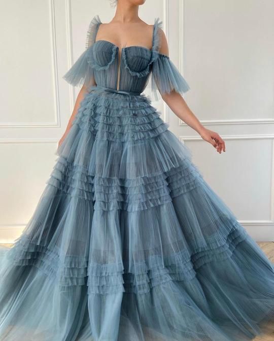 Dusty Blue Tulle Ruffled Gown, Long Tulle Prom Dress, Tiered Skirt Dress fg3271