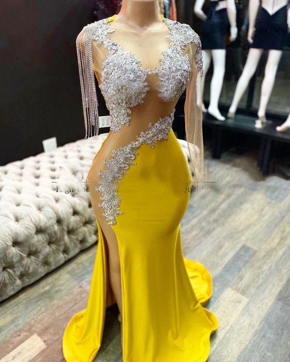 Yellow prom dresses, tassel prom dress, side slit evening dresses, arabic evening dresses, cheap party dresses, sexy formal dress fg3340