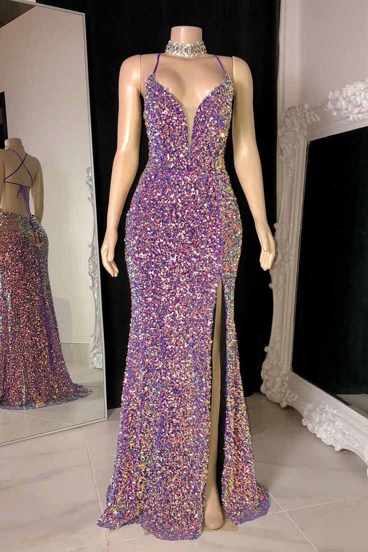 Glittering Spaghetti-Straps Sequins Prom Dress Mermaid Sleeveless With Slit fg3313