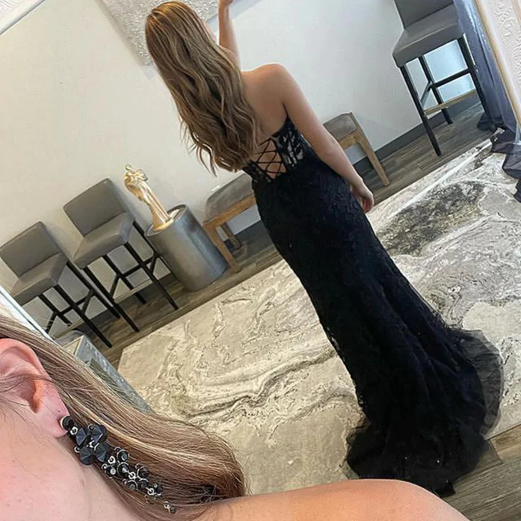 Strapless Mermaid Beaded Black Lace Long Prom Dresses, Mermaid Black Formal Dresses, Black Lace Evening Dresses fg2236