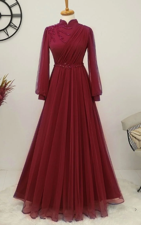 Long Tulle Appliques Full Sleeve Muslim Burgundy Prom Dress High Neck Saudi Arabic A Line Evening Formal Party Gowns fg1471