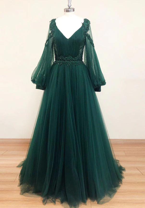 GREEN V NECK LACE A LINE LONG PROM DRESS, GREEN TULLE EVENING DRESS fg1007