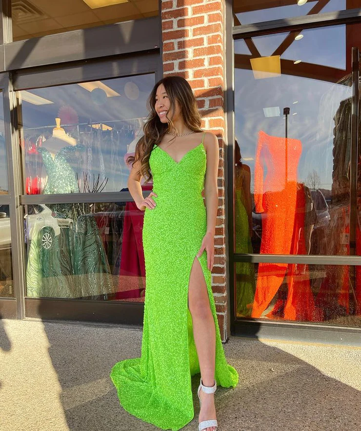 Glitter Mermaid Straps Green Sequins Long Prom Dresses with Slit fg2377
