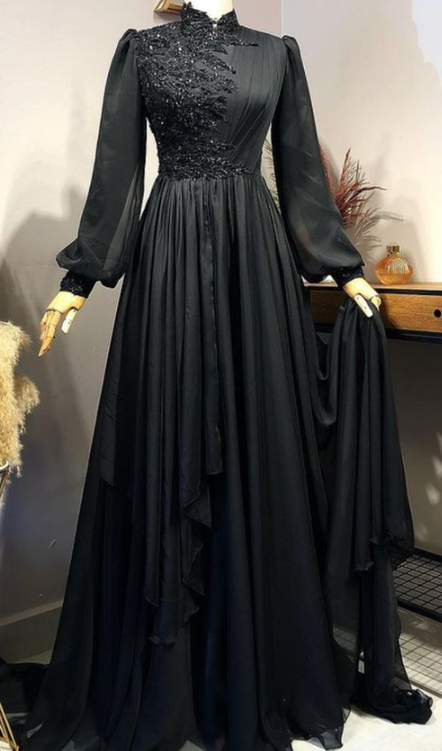 Black Prom Dress Long Sleeves Dubai Evening Dresses Muslim Women Wedding Party Gowns fg1499