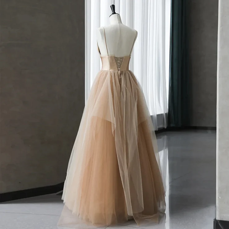 Champagne Tulle Gradient Tulle Straps Long Evening Dress, Charming Formal Gown fg2218