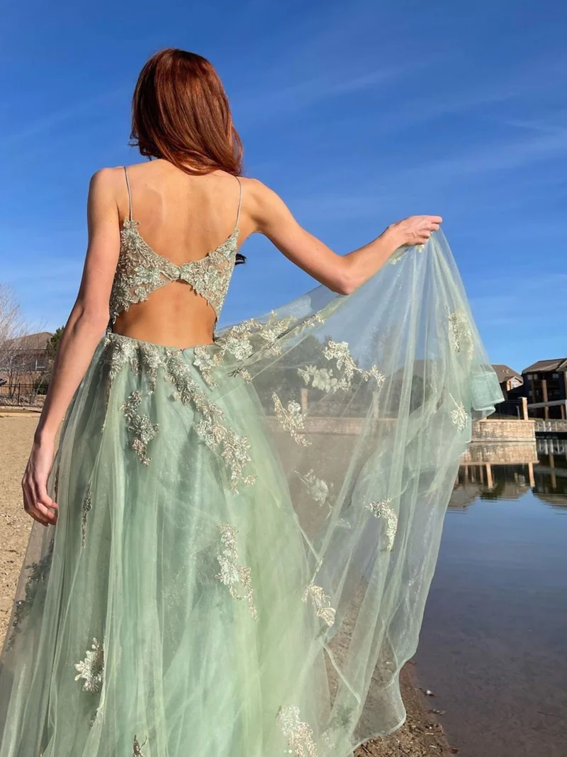 Green tulle lace long prom dress, green tulle lace formal dress fg1857