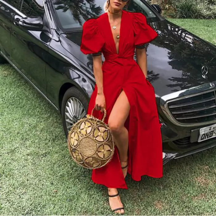 Women's V-Neck Puff Sleeve Split Solid Single-Breasted Party Dress Red Prom Dress fg2005