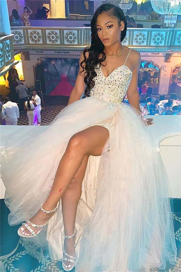 2023 Cheap A Line White Sweetheart Beaded Tulle Side Slit Prom Dresses fg3133