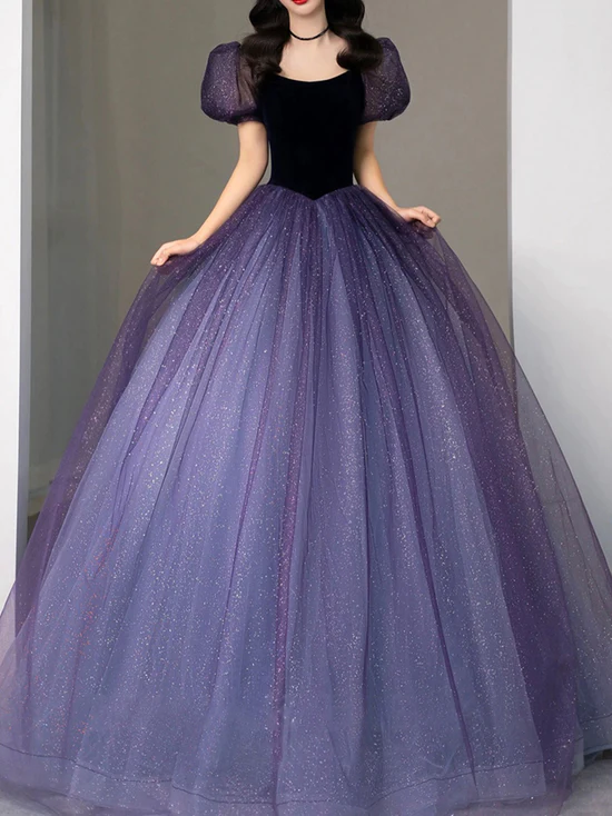 Purple tulle sequin long prom dress, purple evening dress fg2381