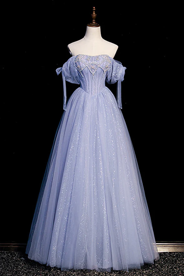 Blue Tulle Long A-Line Prom Dress with Beading fg2228