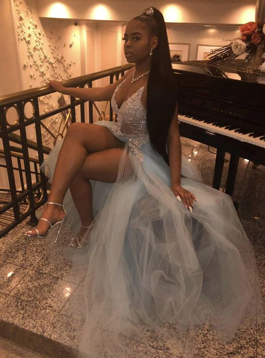 Pretty V neck Lace Prom Dress, Sexy Split Slit Evening Dress fg1061