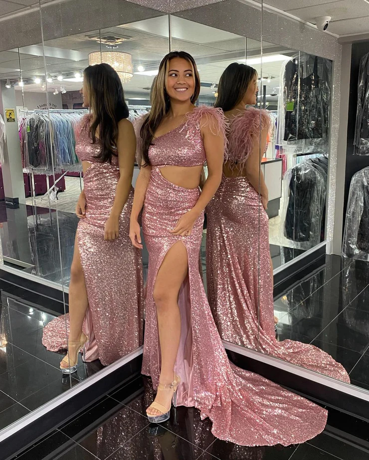 2023 Sparkly Mermaid One Shoulder Blush Sequins Prom Dresses with Slit fg2350