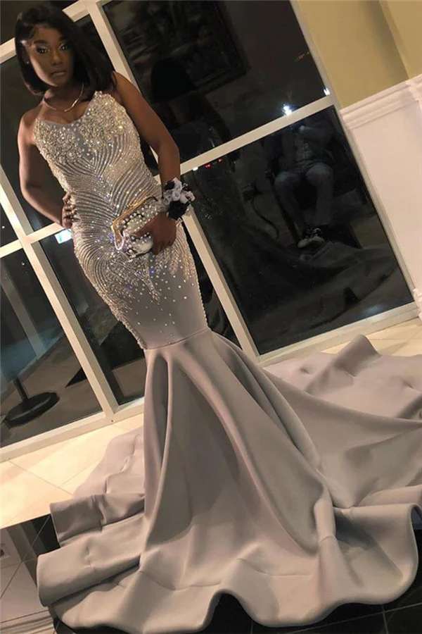 Silver Grey Mermaid Prom Dresses with Beads Crystals fg3136